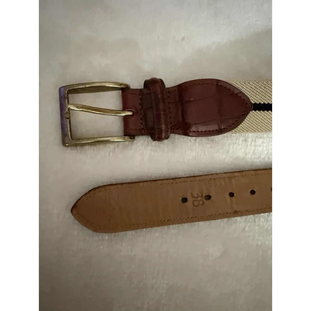 Jos A Bank Belt Mens 38 Beige W/ Black Stripe Leather Canvas Casual Belt